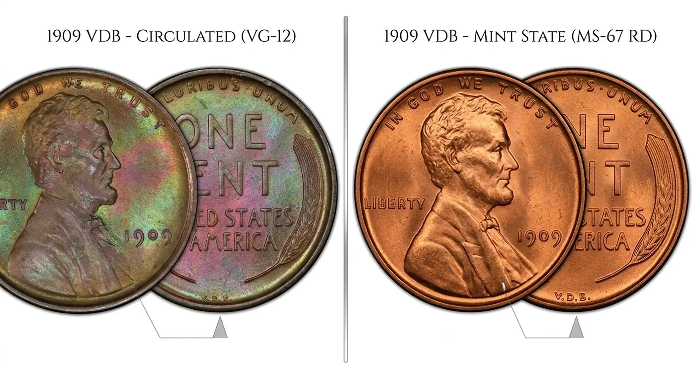Close-up comparison of circulated and mint-state 1909 VDB pennies