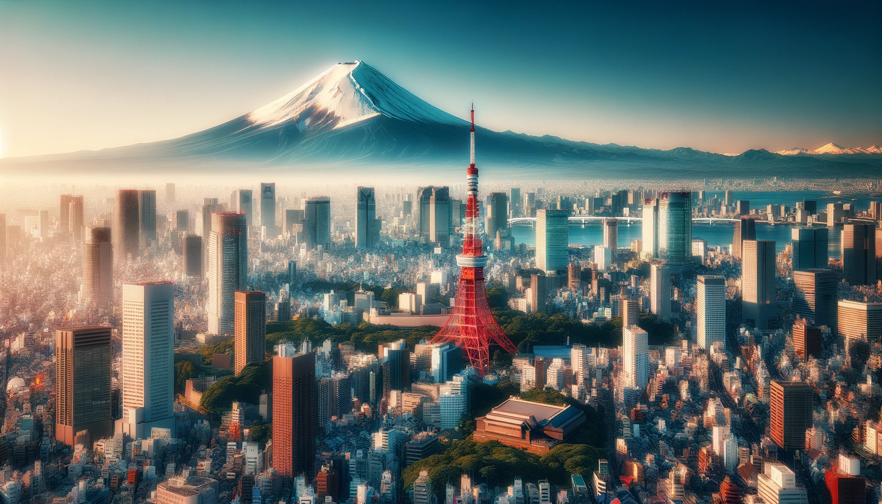 An aerial view capturing the majestic Mount Fuji in the background, with the iconic Tokyo Tower and modern skyscrapers of Tokyo in the foreground on a sunny day