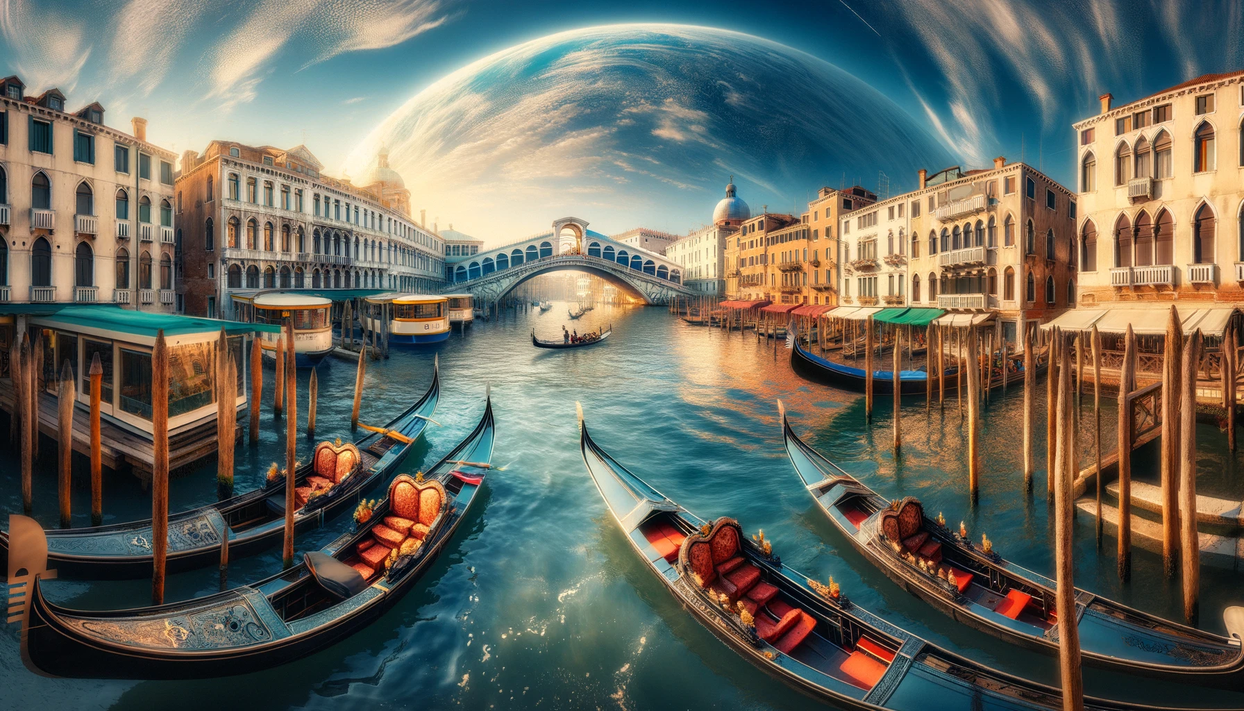 A panoramic view capturing the essence of Venice, Italy, featuring the Grand Canal with gondolas gently floating on the water and the iconic Rialto Bridge in the background.