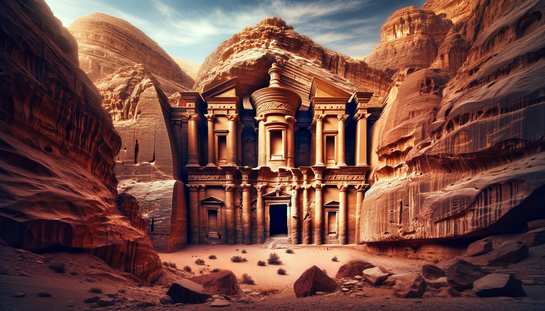 A striking image of Ad Deir, also known as the Monastery, which is one of the famous ruins carved into the rocky walls at Petra, Jordan.