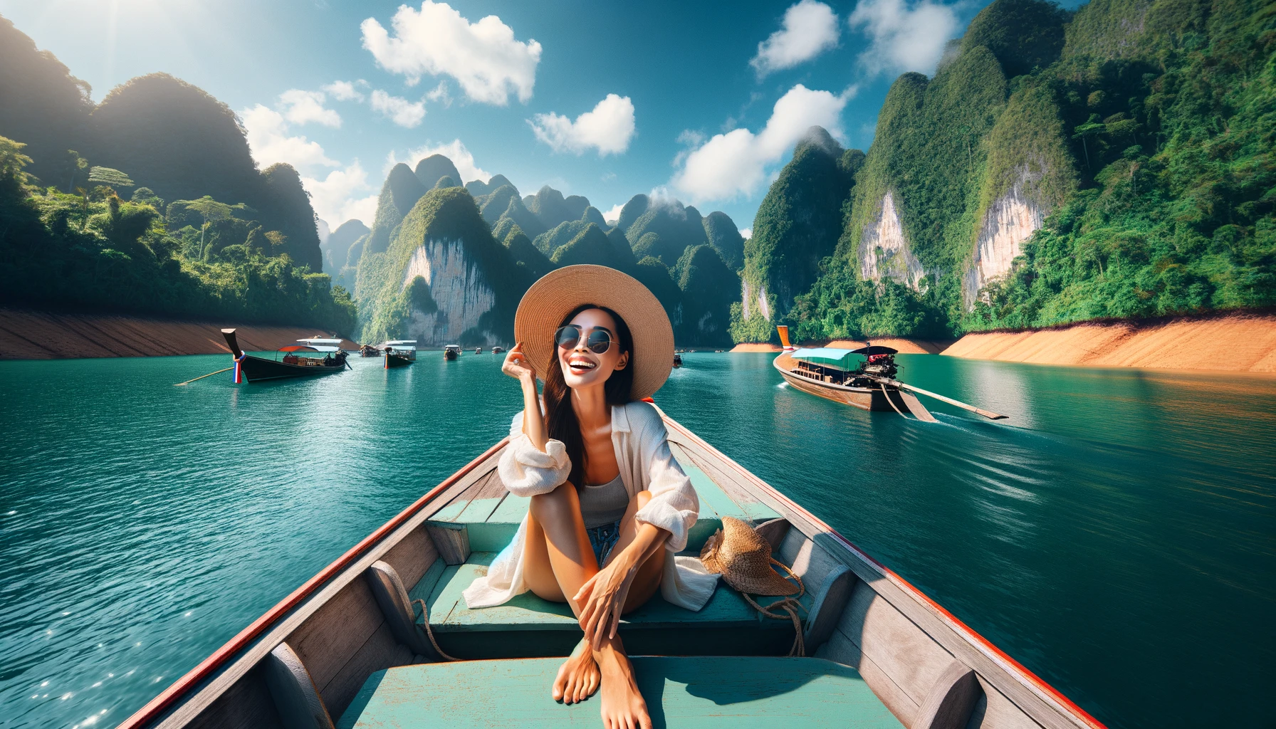 Travel summer vacation concept featuring a happy solo traveler, an Asian woman with a hat, relaxing and sightseeing on a Thai longtail boat in Ratchaprapha Dam at Khao Sok National Park, Surat Thani Province, Thailand