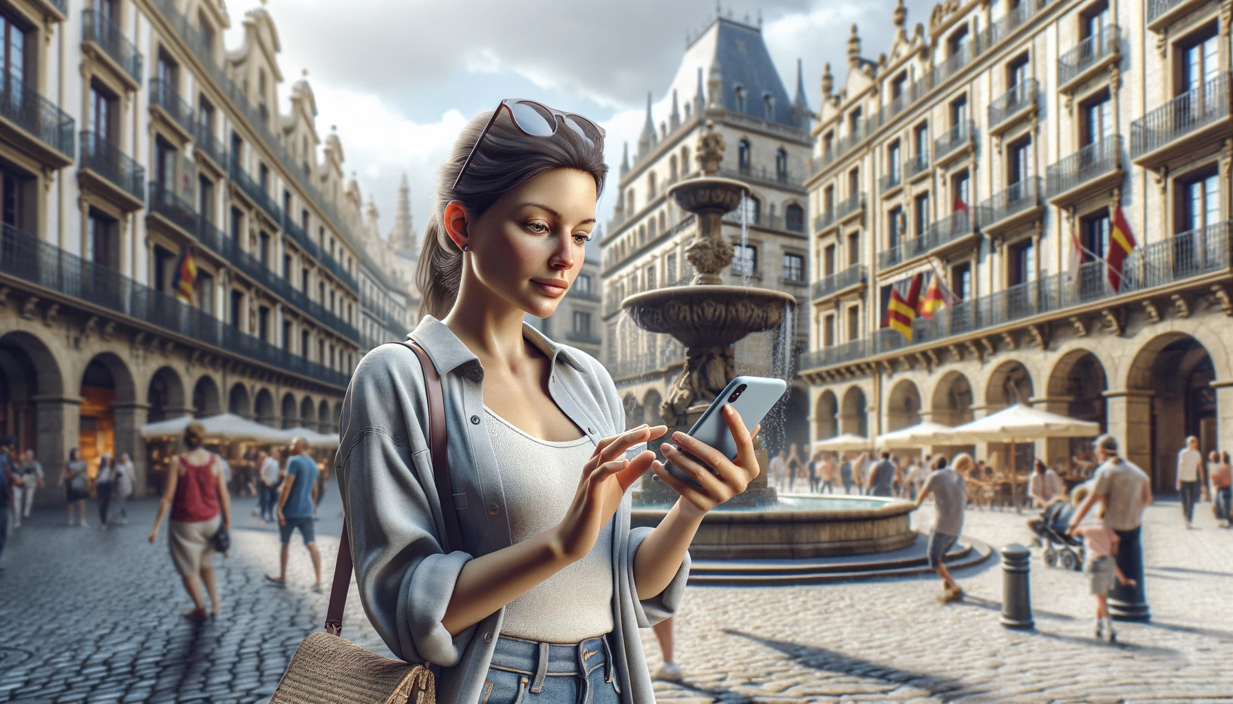 a woman using her smartphone while traveling abroad. She is standing on a busy city street, surrounded by iconic European architecture, like old buildings and a classic fountain.