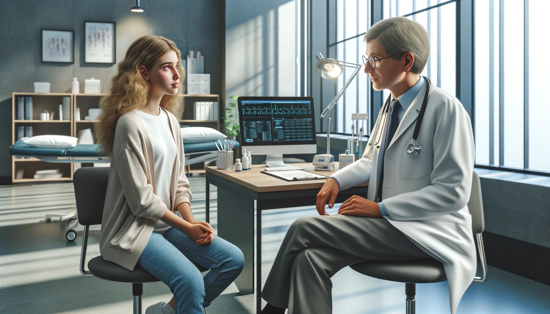 a young woman consulting with a male doctor in a modern doctor's office.
