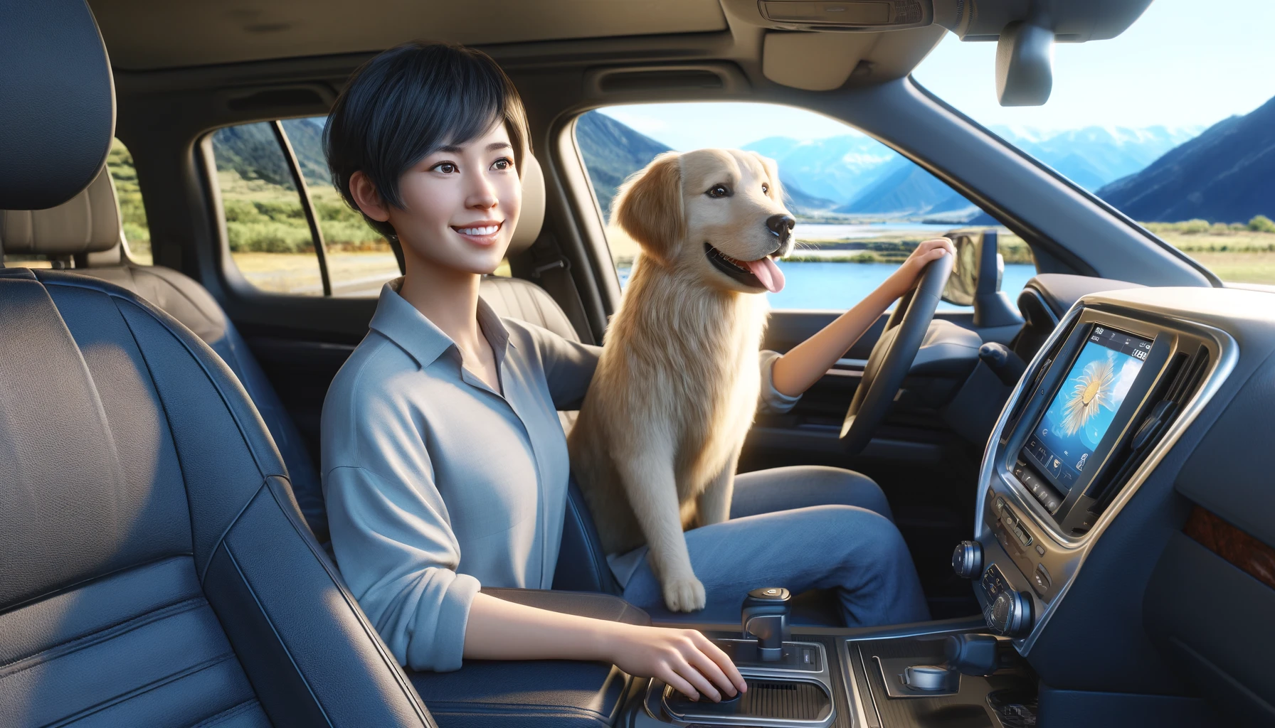 a woman, in her late 20s, has short black hair and wears casual attire, smiling as she looks at her medium-sized golden retriever in a car.