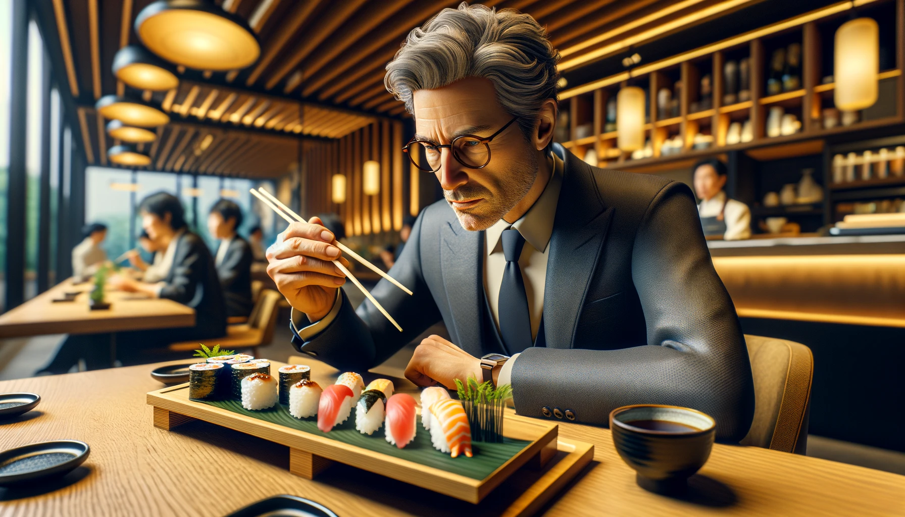 a middle-aged man eating sushi in a cafe in Tokyo.