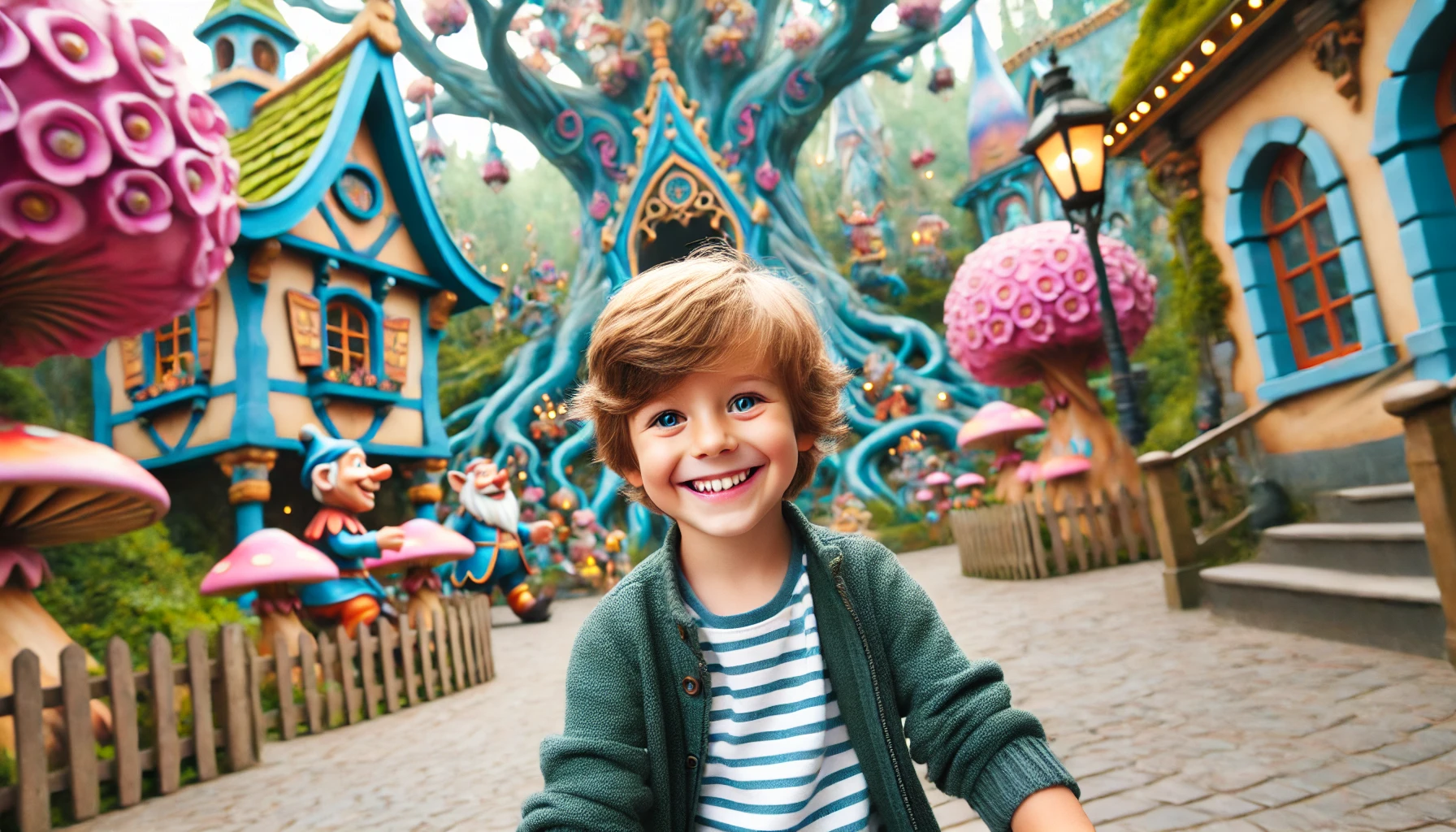 A smiling boy playing in Efteling Theme Park in the Netherlands. The child is near the Fairy Tale Forest, surrounded by whimsical, fairy-tale themed scenery with vibrant colors and animated characters.