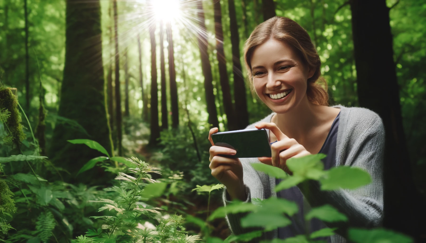 A smiling woman in a forest, taking pictures of plants with her phone. The scene is lush and green with sunlight filtering through the trees.