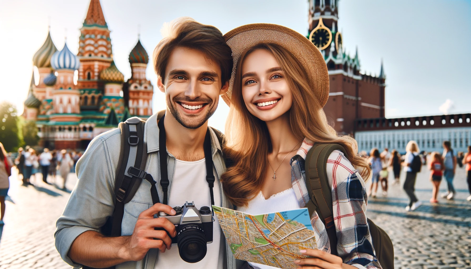 A couple that looks happy and excited, holding a map and a camera in Moscow on the Red Square.