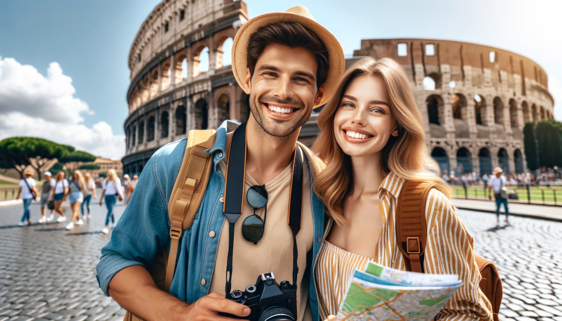 A man and a woman standing near the Colosseum of Rome.