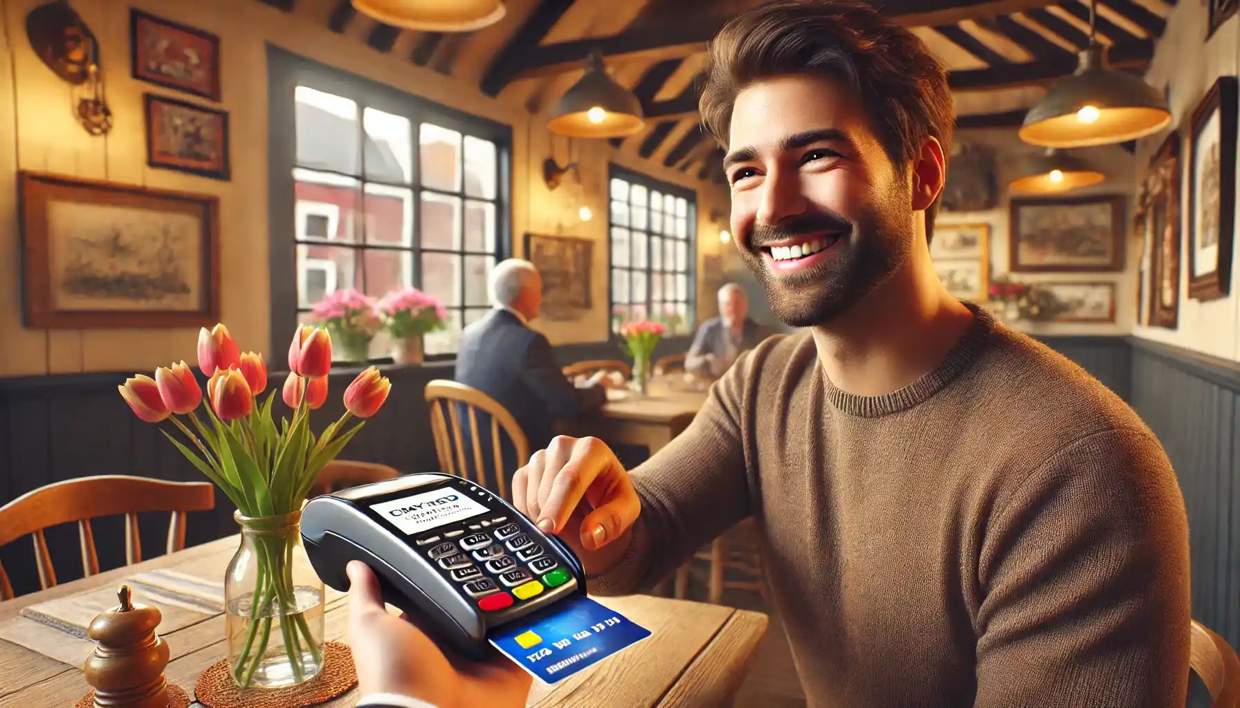 a smiling man in his mid-30s, paying with a card at a cozy restaurant in the Netherlands. 