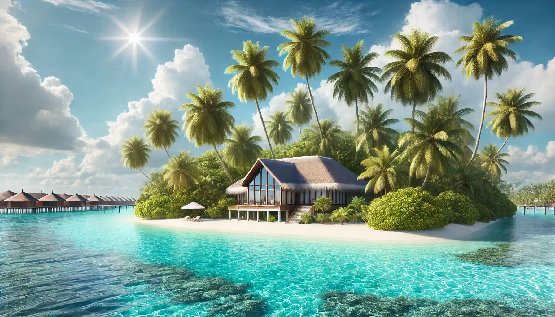 a tropical paradise featuring the Maldives. The scene includes crystal-clear turquoise waters, a luxurious overwater villa with a thatched roof, and a pristine white sandy beach surrounded by lush palm trees.