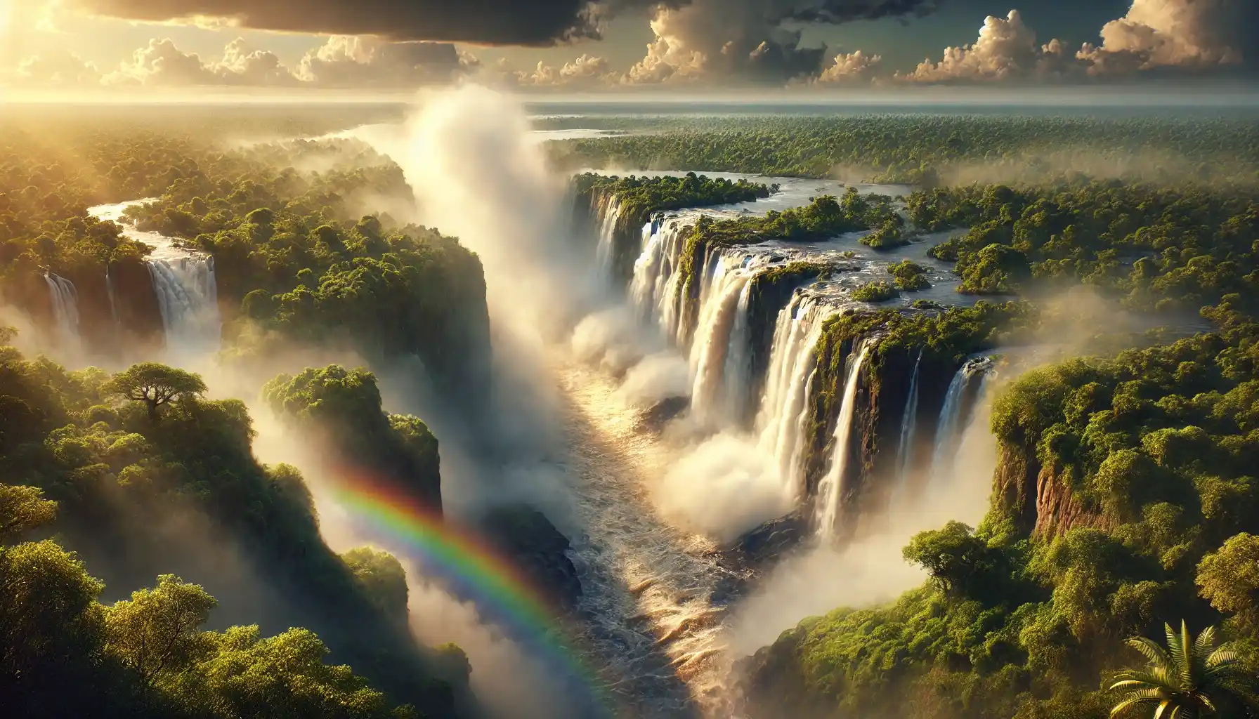Victoria Falls, located on the border of Zambia and Zimbabwe, showcasing the powerful cascading water surrounded by lush green vegetation.