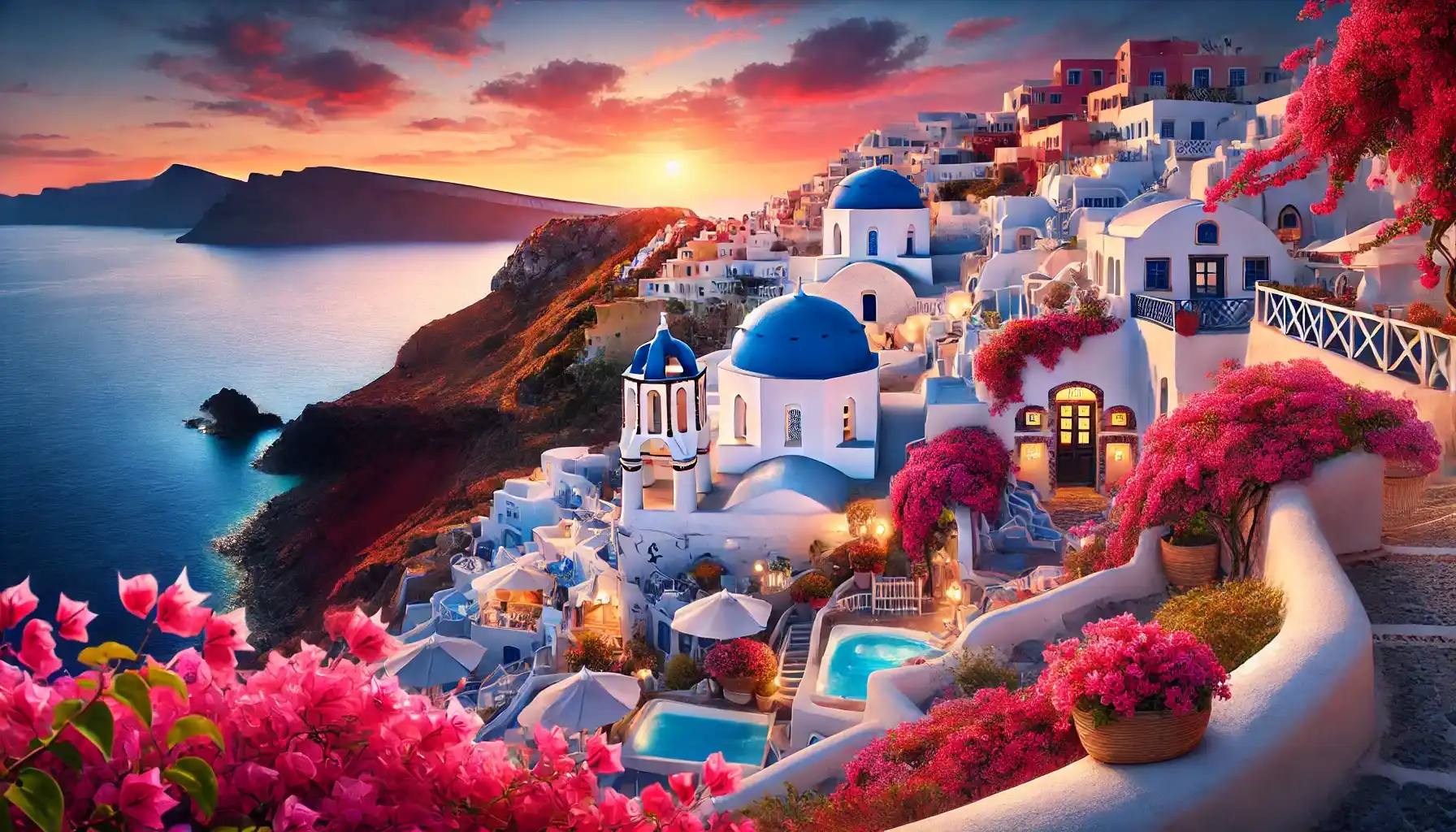 Santorini, Greece, showcasing iconic white-washed buildings with blue domes perched on dramatic cliffs overlooking the azure waters of the Aegean Sea.