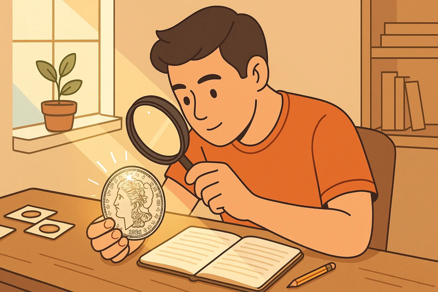 A young researcher examines the 1921 dollar behind the desk.