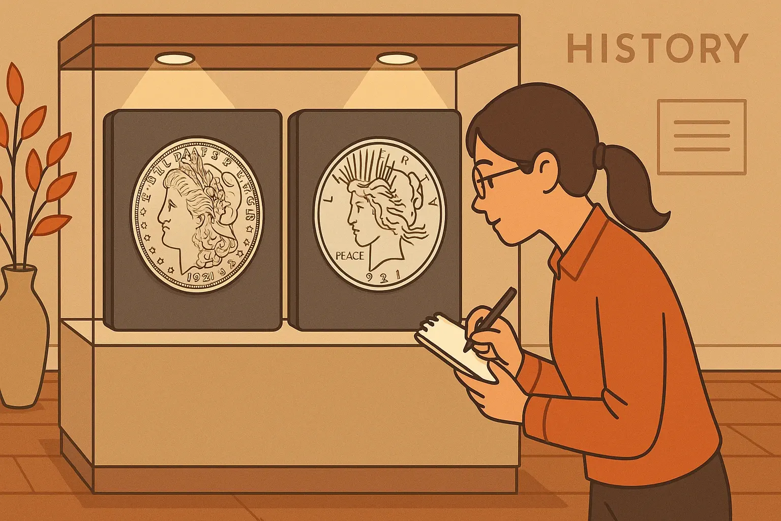 A researcher takes notes about coins in the museum.